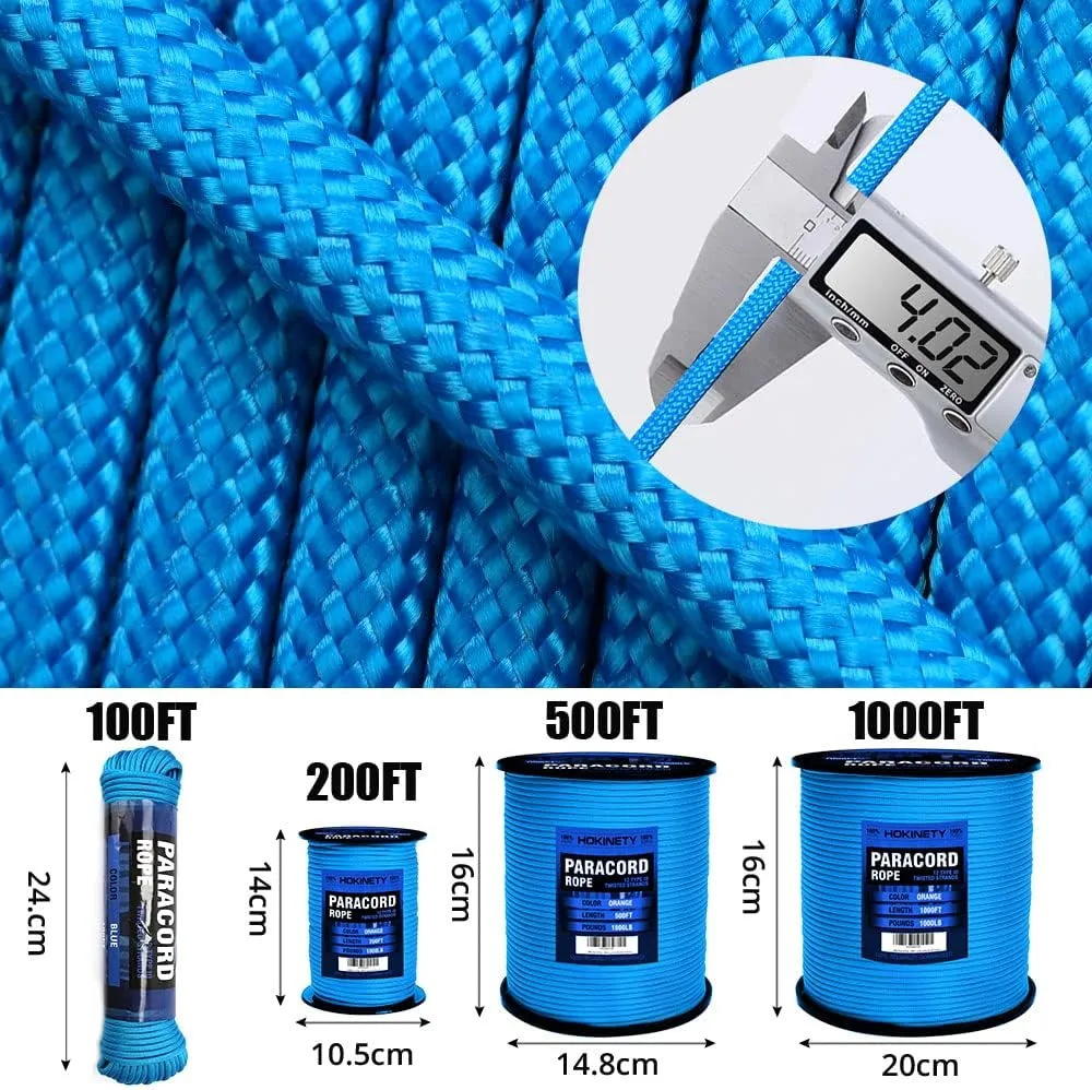 1000Ib Paracord Rope - 100ft / 200ft / 500ft / 1000ft 4mm,12 Strand Parachute Spool Cord,para Cord Lanyard for Camping,Hammock,Clothsline,Hiking,Fishing,Survival braceletand Survival - Blue 1000FT