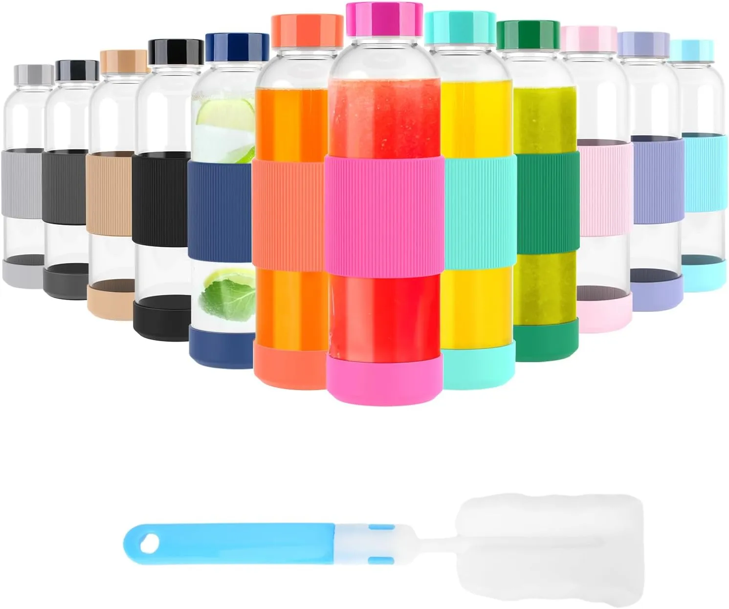 18 oz Glass Bottles with Lids, Reusable Glass Water Bottles with Stainless Steel Cap, Leak Proof & BPA Free Glass Juice Bottles with Silicone Sleeve, Glass Bottles for Juicing, Set of 12
