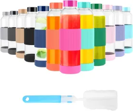 18 oz Glass Bottles with Lids, Reusable Glass Water Bottles with Stainless Steel Cap, Leak Proof & BPA Free Glass Juice Bottles with Silicone Sleeve, Glass Bottles for Juicing, Set of 12