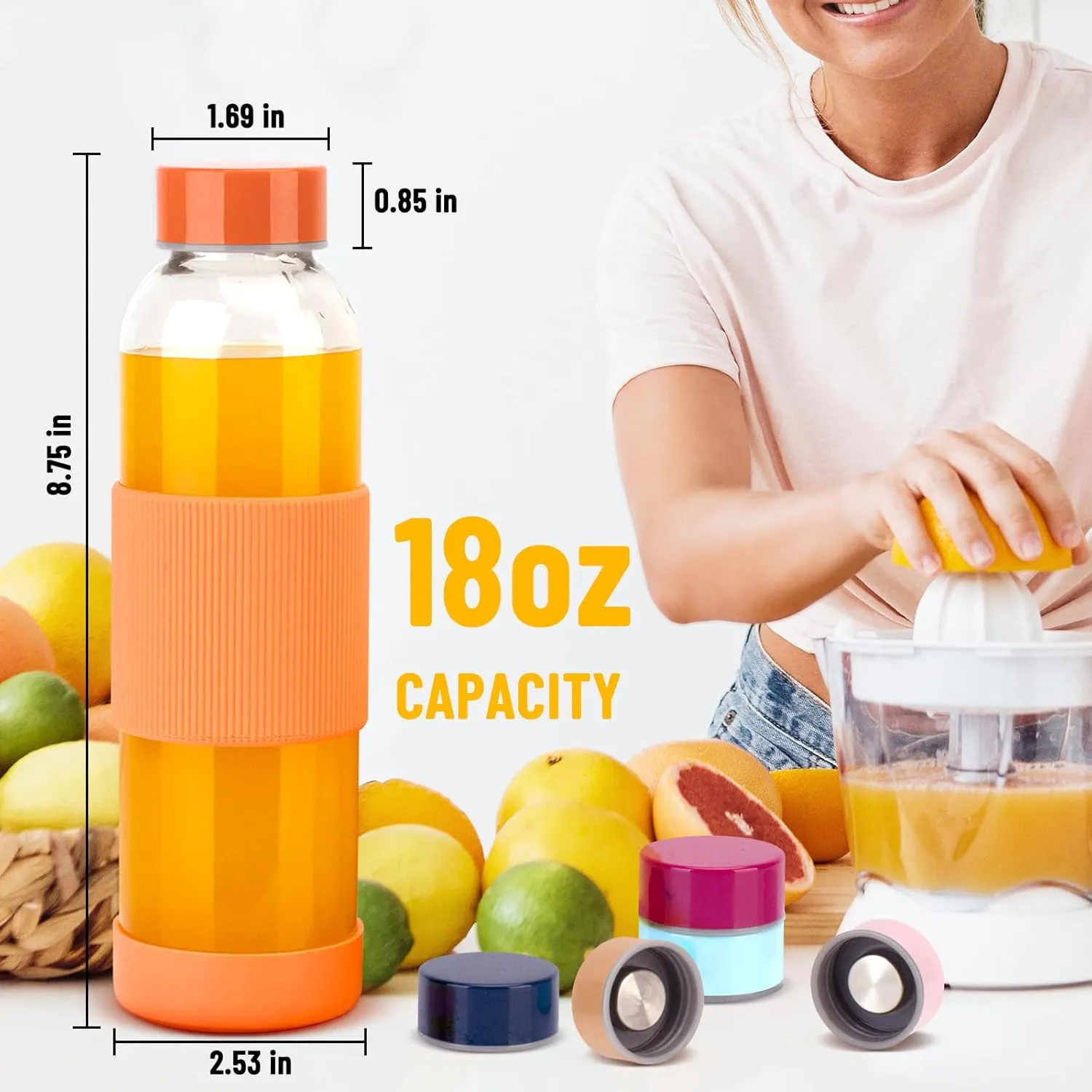 18 oz Glass Bottles with Lids, Reusable Glass Water Bottles with Stainless Steel Cap, Leak Proof & BPA Free Glass Juice Bottles with Silicone Sleeve, Glass Bottles for Juicing, Set of 12