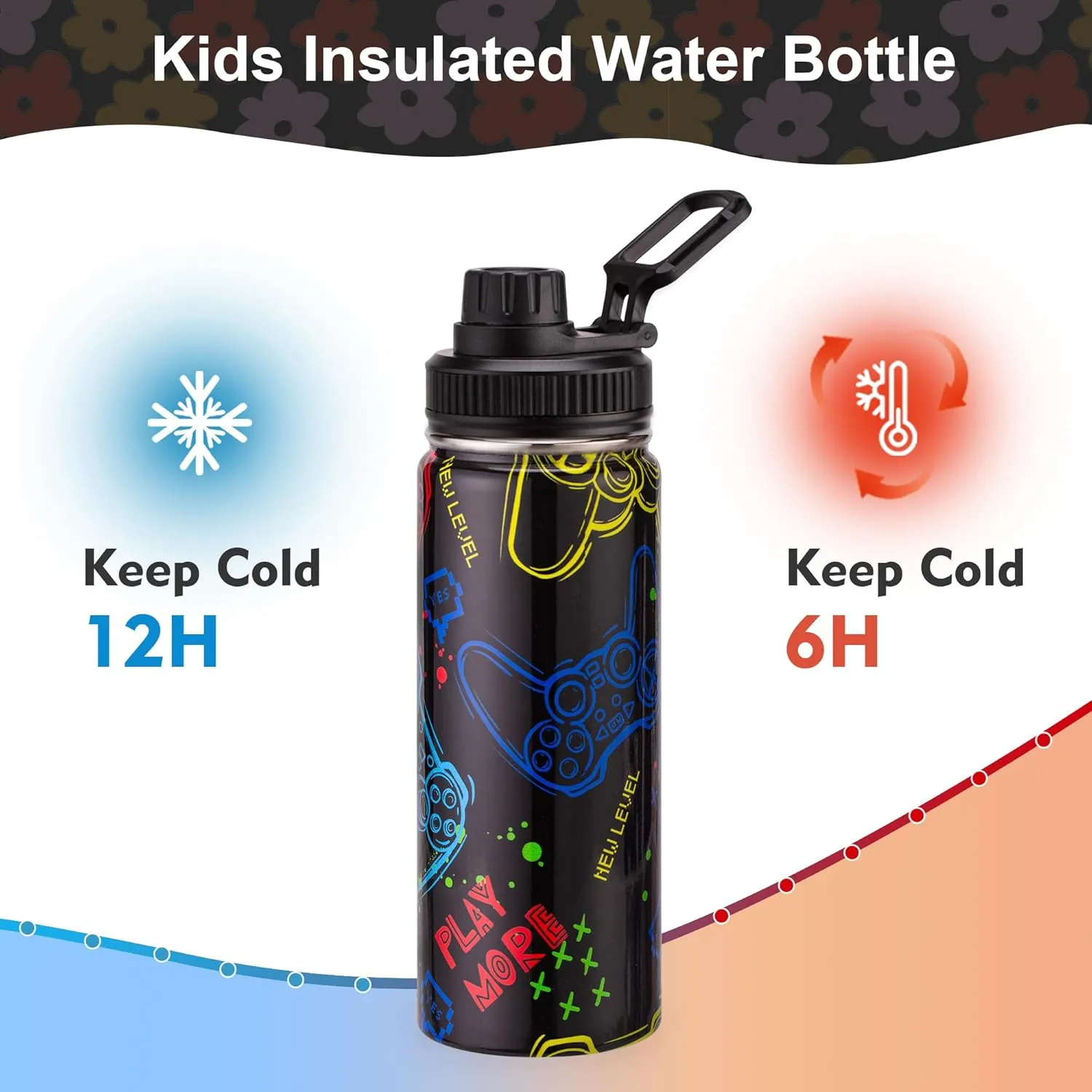 18oz Insulated Water Bottle with Straw Lid & Spout Lid, Game Controller, Gift for Kids Boys Girls Student Sports Travel Fitness Hiking Outdoors, Double Wall, Hands Wash Only, Black