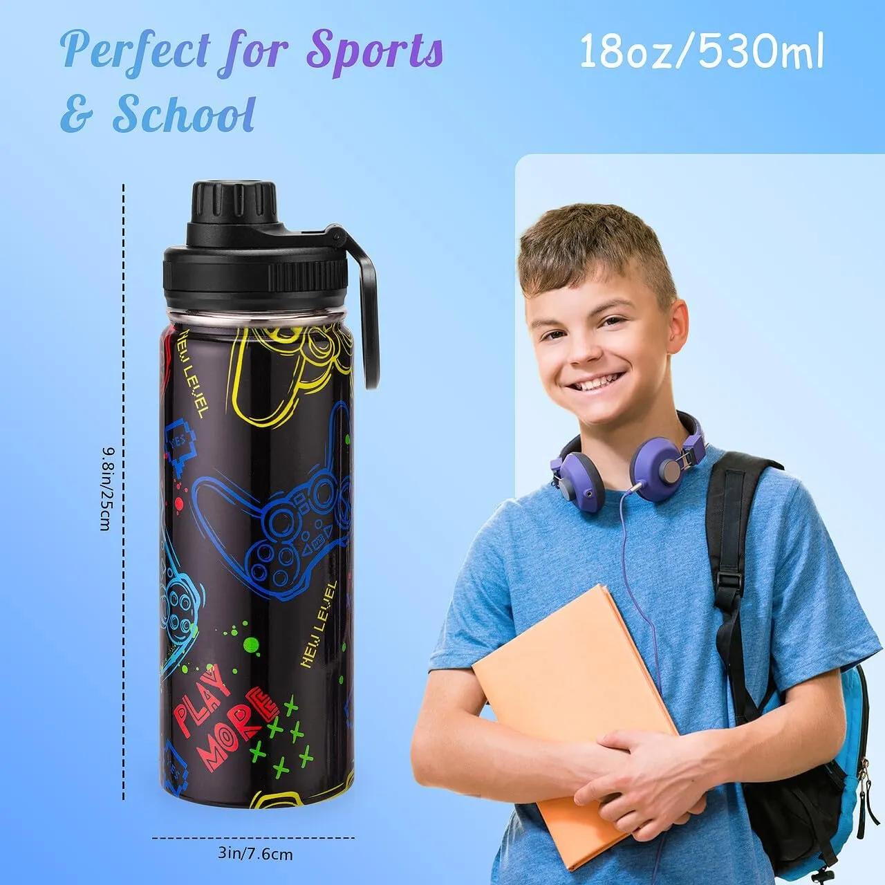 18oz Insulated Water Bottle with Straw Lid & Spout Lid, Game Controller, Gift for Kids Boys Girls Student Sports Travel Fitness Hiking Outdoors, Double Wall, Hands Wash Only, Black