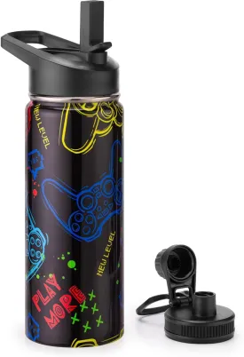 18oz Insulated Water Bottle with Straw Lid & Spout Lid, Game Controller, Gift for Kids Boys Girls Student Sports Travel Fitness Hiking Outdoors, Double Wall, Hands Wash Only, Black