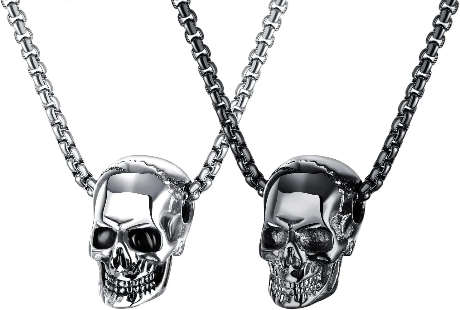 2 Pcs Skull Necklace Gothic Punk Rock Hip Hop Pendant Necklace Cool Amulet Pendant Necklace for Men - Black Silver