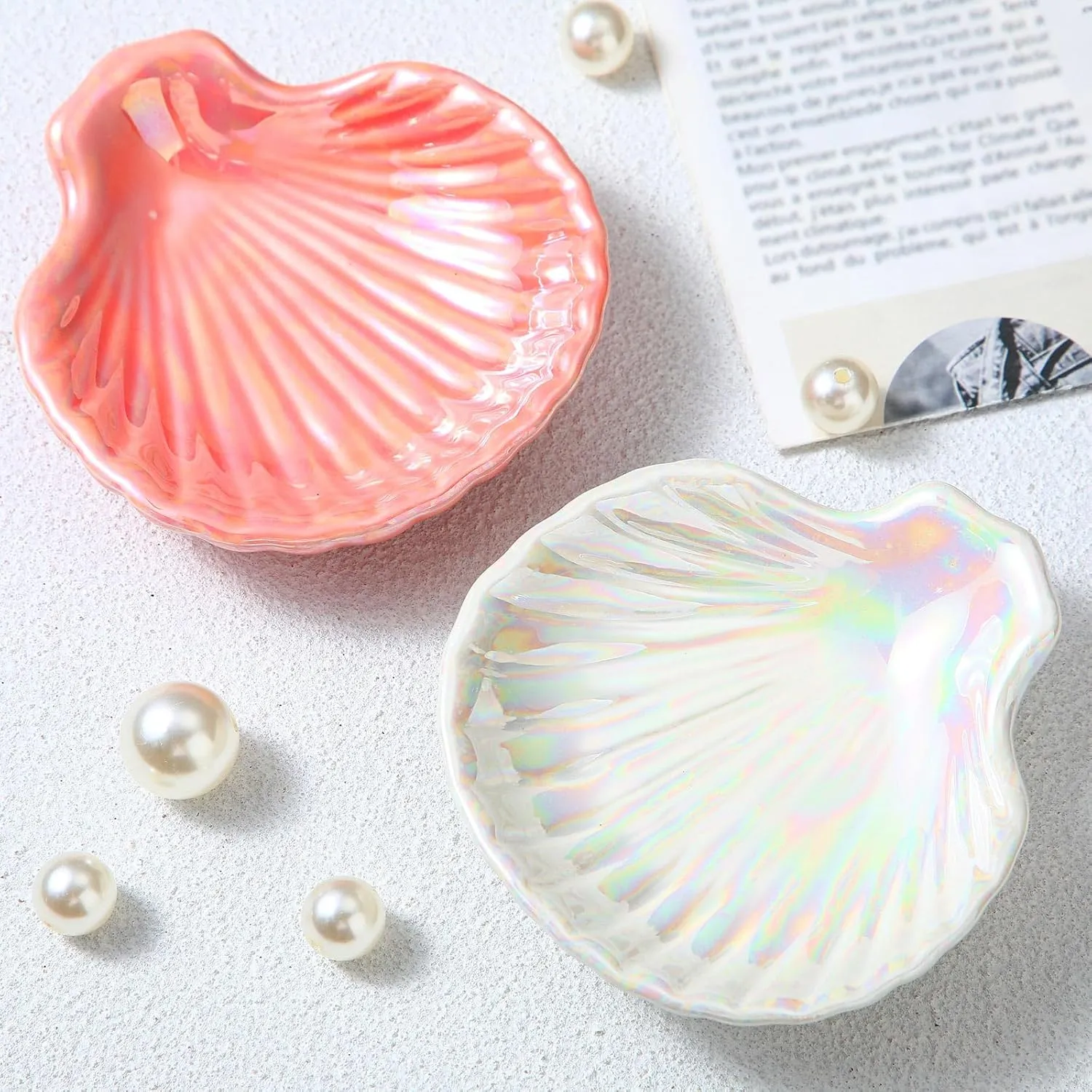 2 Set Shell Jewelry Dish Ceramic Ring Cute Jewelry Tray Decorative Trinket Dish for Earrings Necklaces Keys, Gift for Mother Women