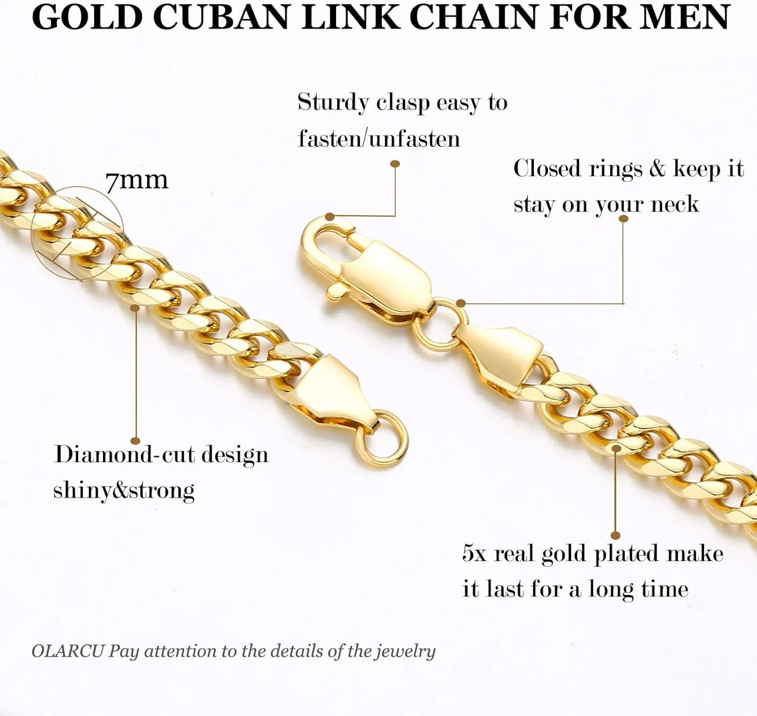 5mm/7mm Real Gold Plated Cuban Link Chain for Men, Mens Stainless Steel Gold Chain Necklace Jewelry for Men