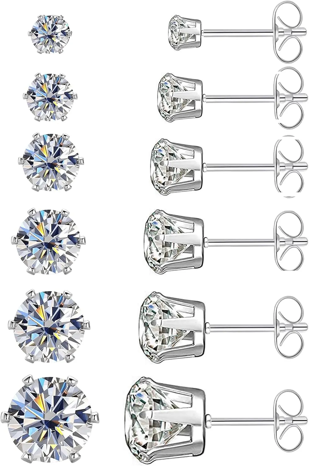 6 Pairs Cubic Zirconia Stud Earrings Set Surgical Steel Hypoallergenic 316L Stainless Steel Earrings for Women Men Contain 3,4,5,6,7,8mm
