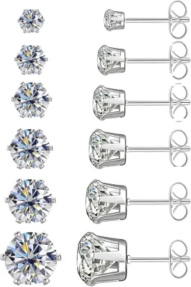6 Pairs Cubic Zirconia Stud Earrings Set Surgical Steel Hypoallergenic 316L Stainless Steel Earrings for Women Men Contain 3,4,5,6,7,8mm