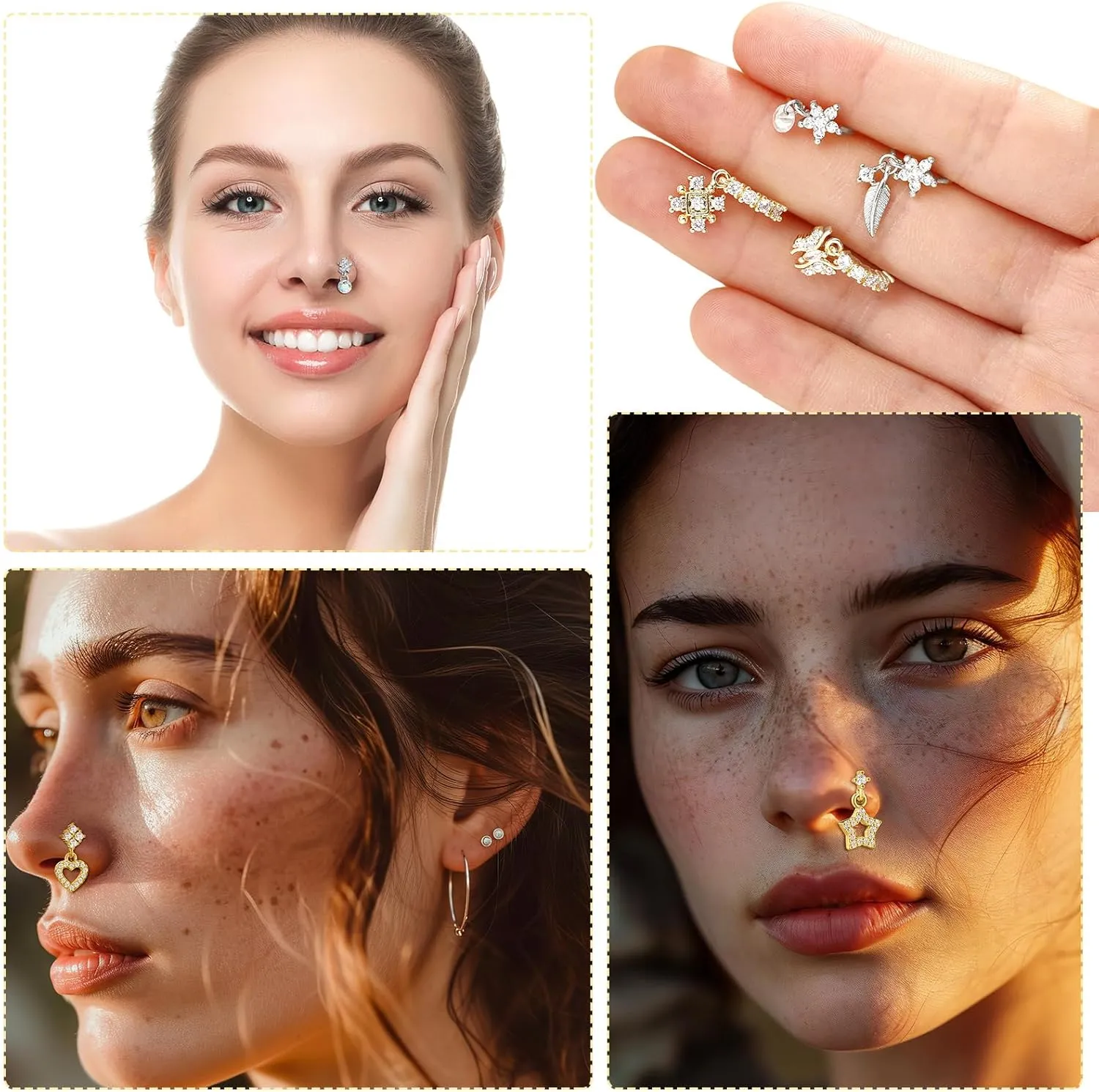 8 Pcs Dangly Nose Ring with Charm Butterfly Star Heart Hoop Dangle Nose Rings for Women