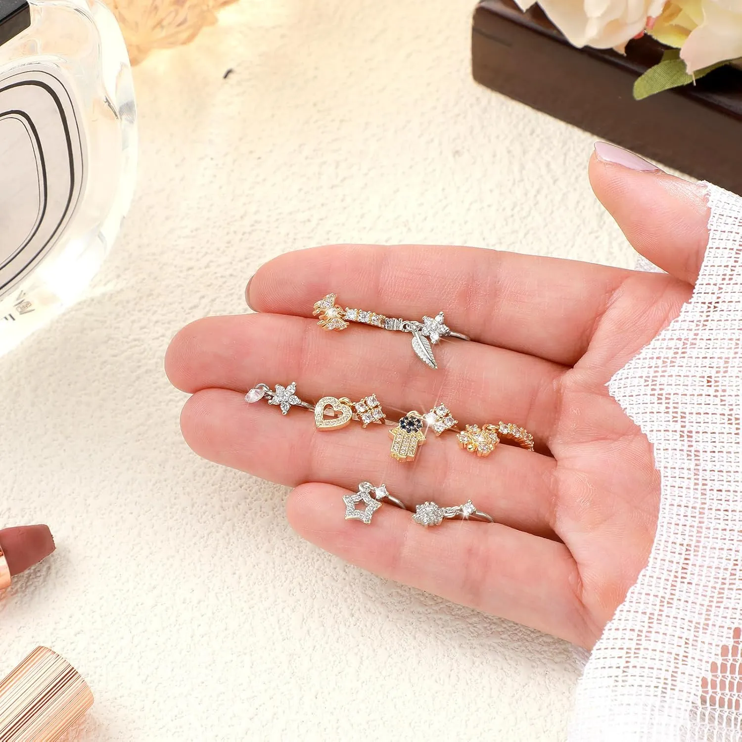 8 Pcs Dangly Nose Ring with Charm Butterfly Star Heart Hoop Dangle Nose Rings for Women