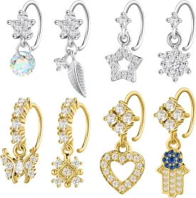 8 Pcs Dangly Nose Ring with Charm Butterfly Star Heart Hoop Dangle Nose Rings for Women