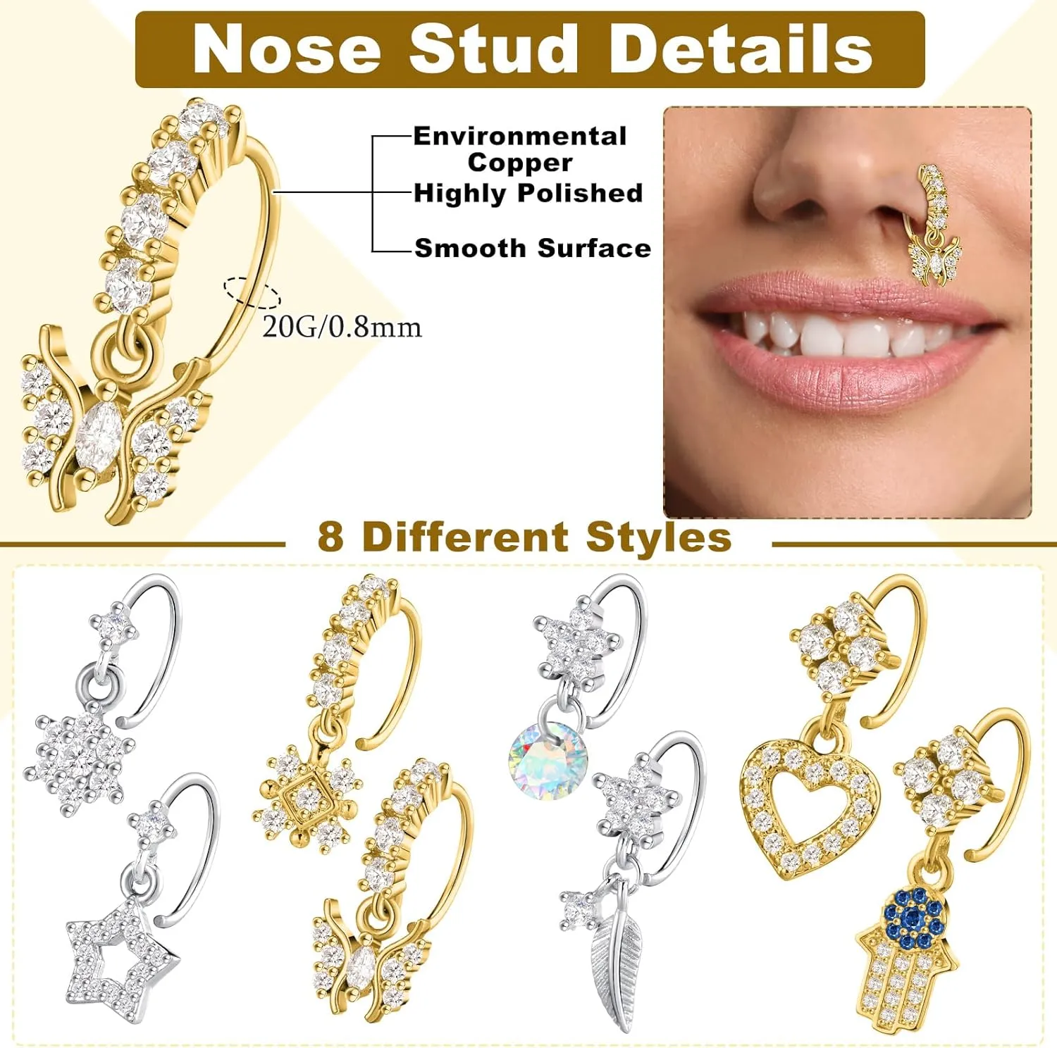 8 Pcs Dangly Nose Ring with Charm Butterfly Star Heart Hoop Dangle Nose Rings for Women