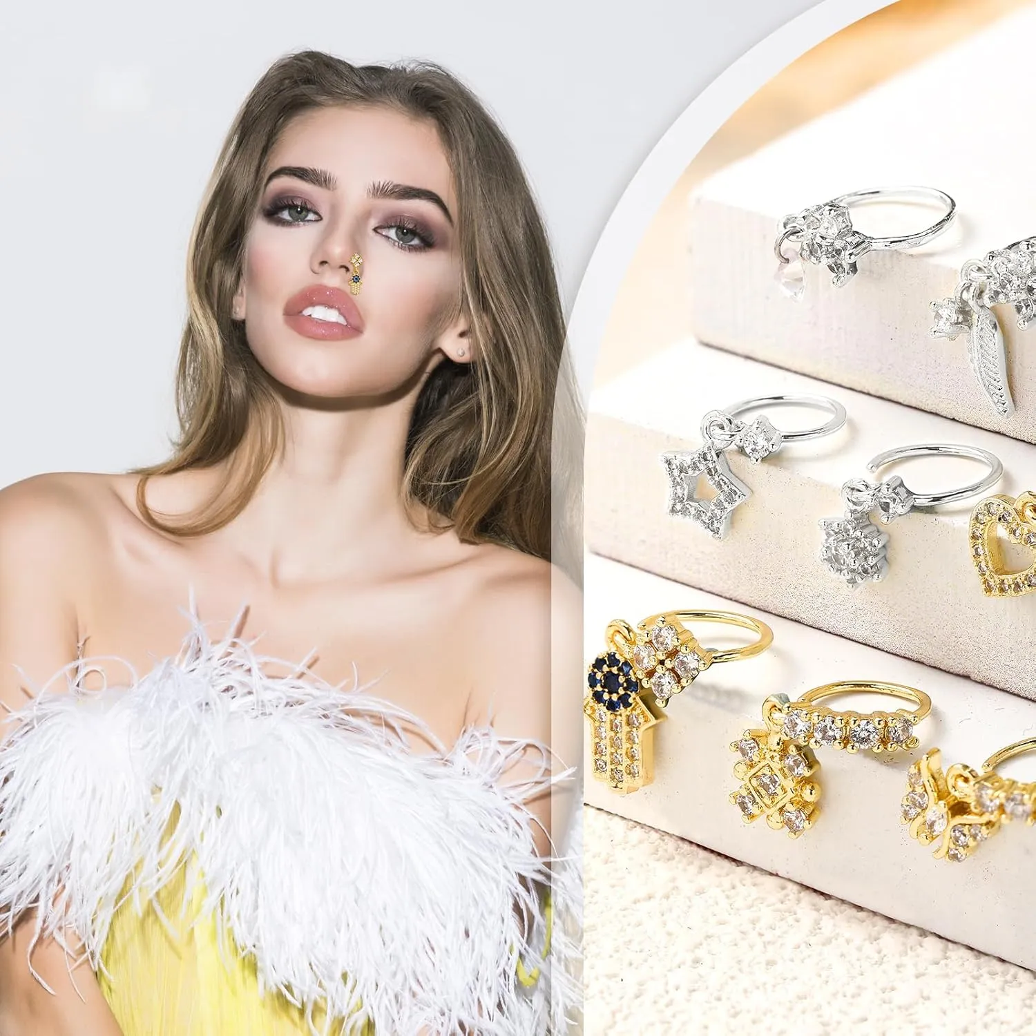 8 Pcs Dangly Nose Ring with Charm Butterfly Star Heart Hoop Dangle Nose Rings for Women