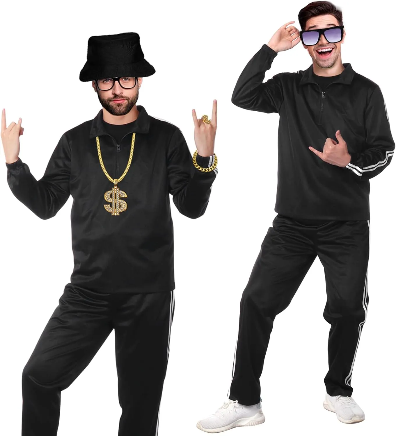 80s Costumes for Men, 90s Hip Hop Outifits With Accessaries Black Tracksuit Rapper Workout Costume For 90s Theme Party