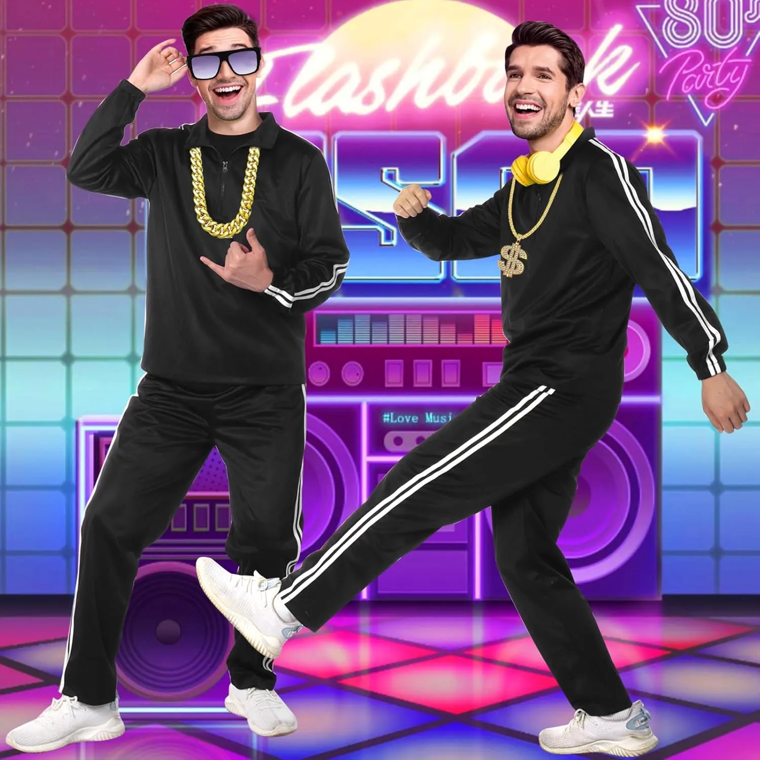 80s Costumes for Men, 90s Hip Hop Outifits With Accessaries Black Tracksuit Rapper Workout Costume For 90s Theme Party