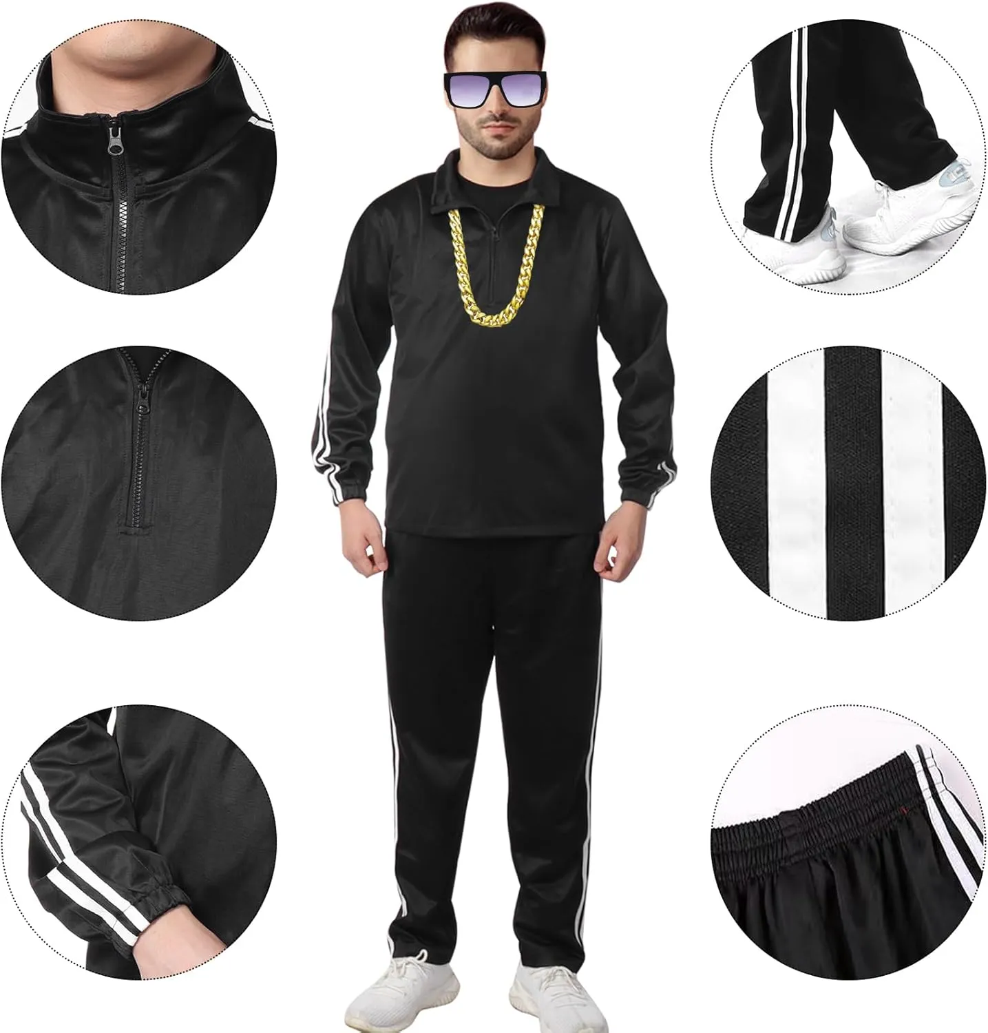 80s Costumes for Men, 90s Hip Hop Outifits With Accessaries Black Tracksuit Rapper Workout Costume For 90s Theme Party