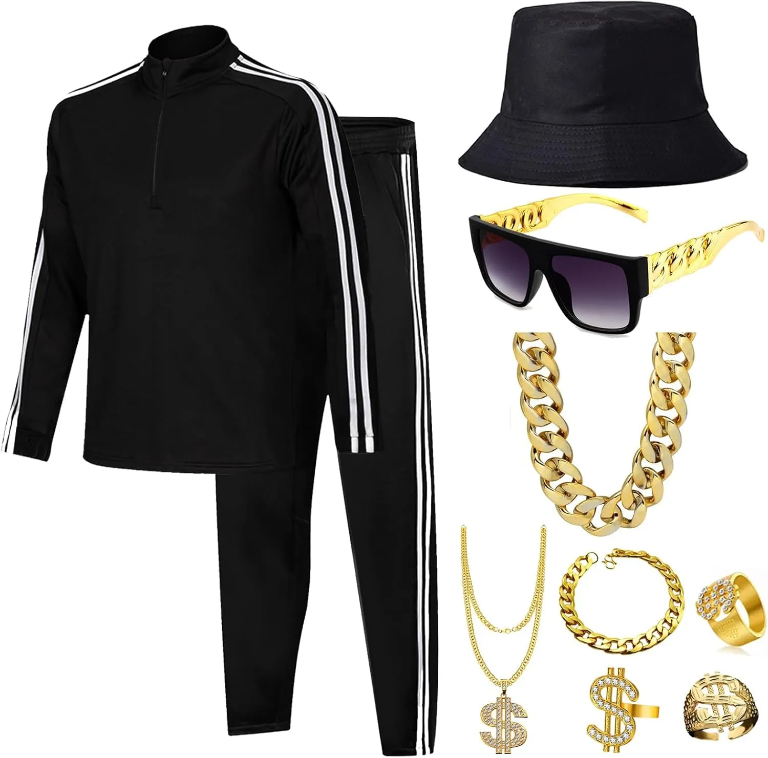 80s Costumes for Men, 90s Hip Hop Outifits With Accessaries Black Tracksuit Rapper Workout Costume For 90s Theme Party