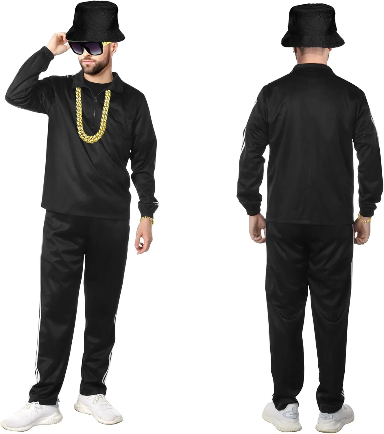 80s Costumes for Men, 90s Hip Hop Outifits With Accessaries Black Tracksuit Rapper Workout Costume For 90s Theme Party