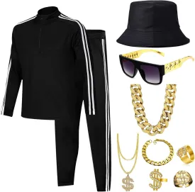 80s Costumes for Men, 90s Hip Hop Outifits With Accessaries Black Tracksuit Rapper Workout Costume For 90s Theme Party