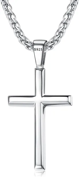 925 Sterling Silver Cross Necklace for Men Women 3mm Stainless Steel Durable Wheat Chain Crucifix Cross Pendant Necklace Jewelry 16-28 Inches