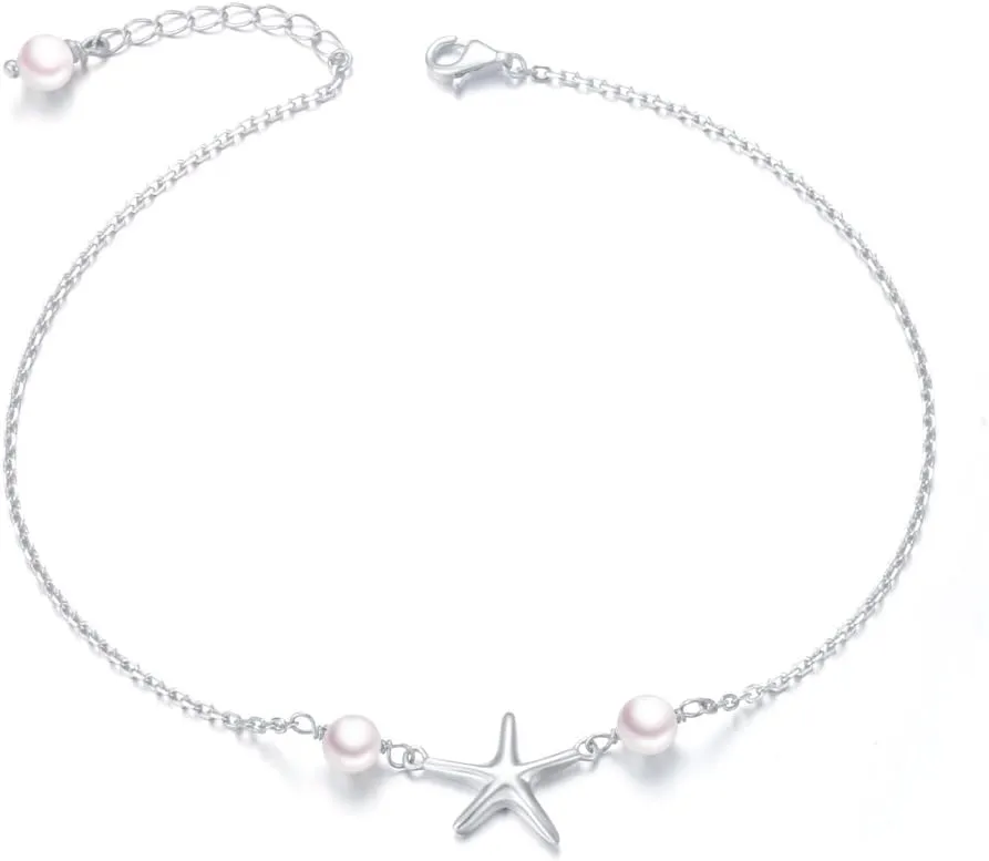 Anklet for Women S925 Sterling Silver Adjustable Foot Evil Eye Starfish Heart Bead Butterfly Celtic Knot Cross Multilayer Layered Ankle Bracelet Jewelry