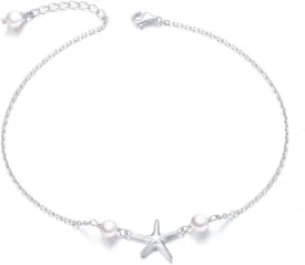 Anklet for Women S925 Sterling Silver Adjustable Foot Evil Eye Starfish Heart Bead Butterfly Celtic Knot Cross Multilayer Layered Ankle Bracelet Jewelry