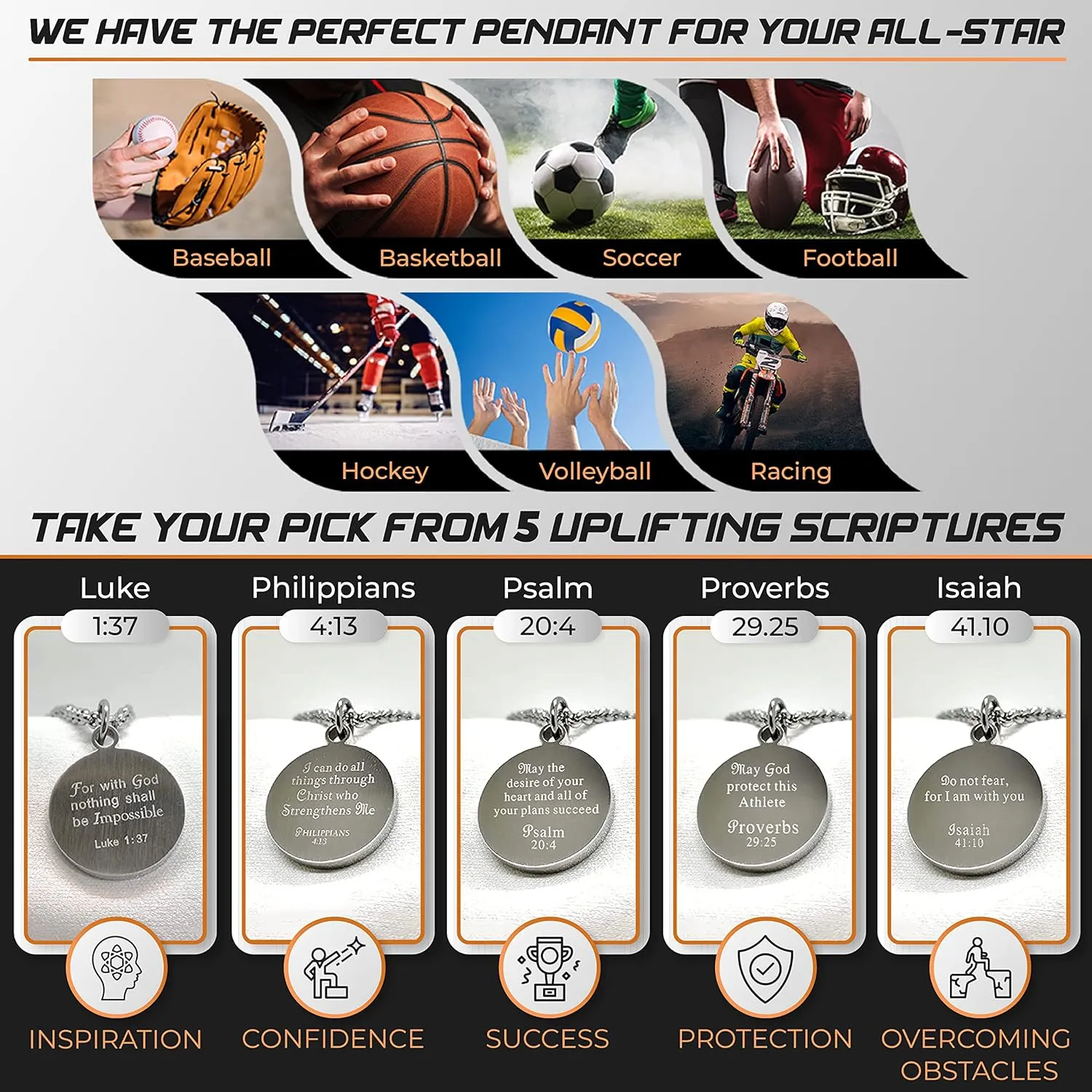 Athletes Necklace With Inspiring Bible Quote ?C Choose Your Quote, Silver Cross Necklace for Men and Women That Love Sports ?C Makes a Unique, Inspiring Gift for Athletes. Baseball, Basketball, Football, Hockey and Soccer Available.