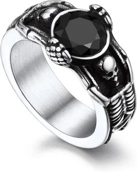Bandmax Mens Luxury Gothic Rings, Stainless Steel Retro Style Crystal Stone Signet Ring Punk Halloween Costume Jewelry Ring for Men Women Gift Packed