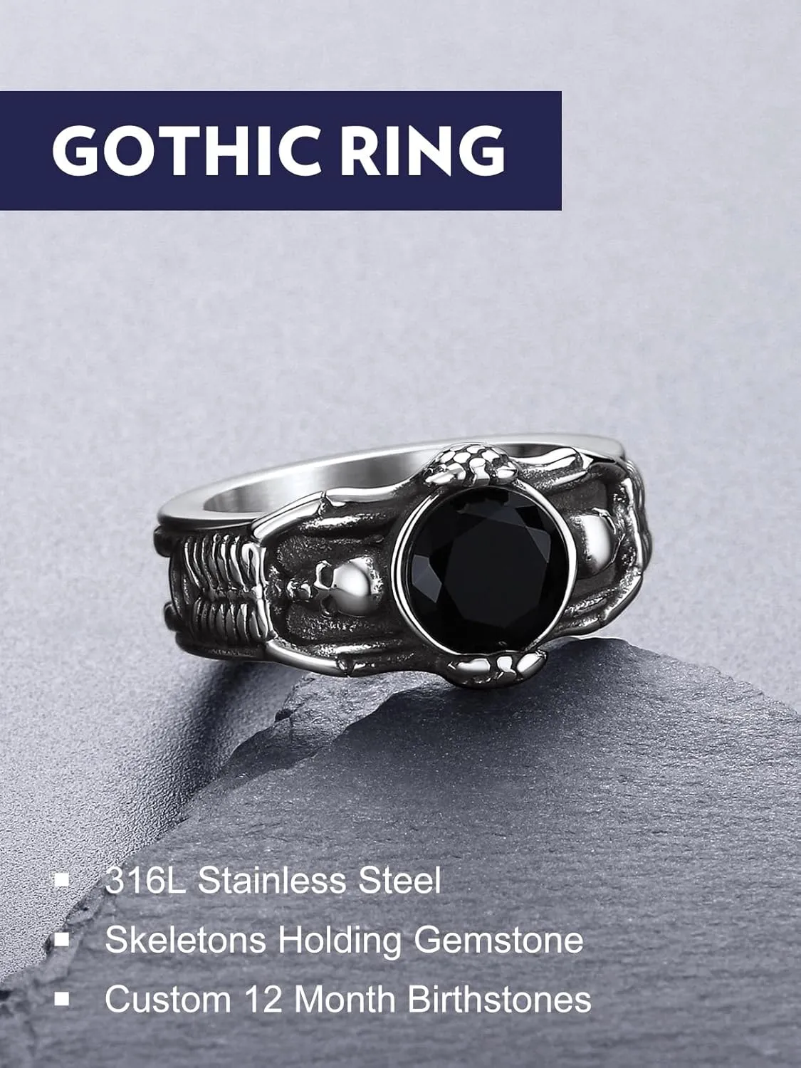 Bandmax Mens Luxury Gothic Rings, Stainless Steel Retro Style Crystal Stone Signet Ring Punk Halloween Costume Jewelry Ring for Men Women Gift Packed