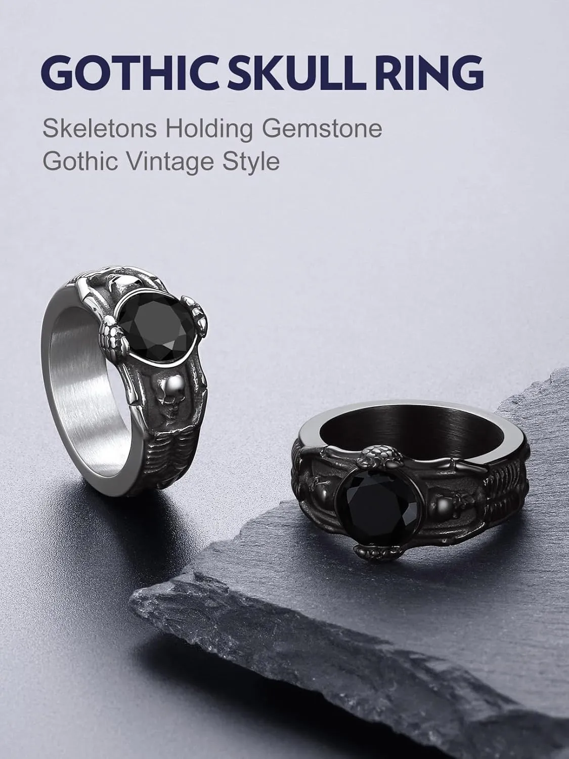 Bandmax Mens Luxury Gothic Rings, Stainless Steel Retro Style Crystal Stone Signet Ring Punk Halloween Costume Jewelry Ring for Men Women Gift Packed
