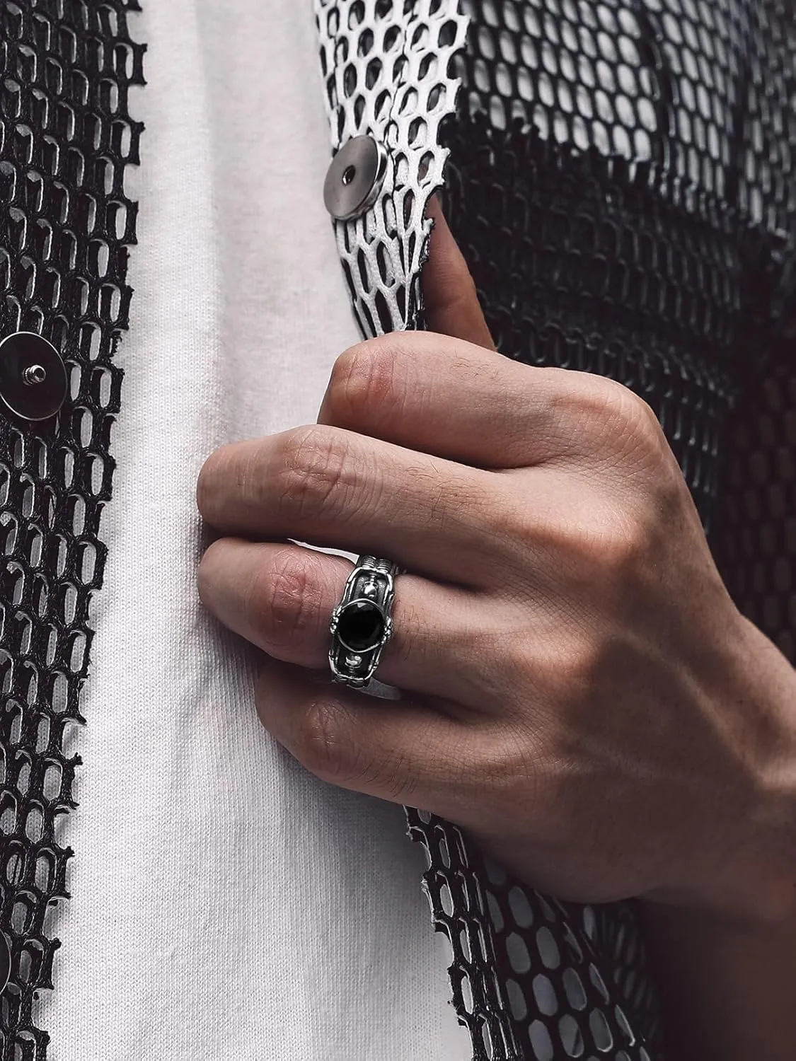 Bandmax Mens Luxury Gothic Rings, Stainless Steel Retro Style Crystal Stone Signet Ring Punk Halloween Costume Jewelry Ring for Men Women Gift Packed
