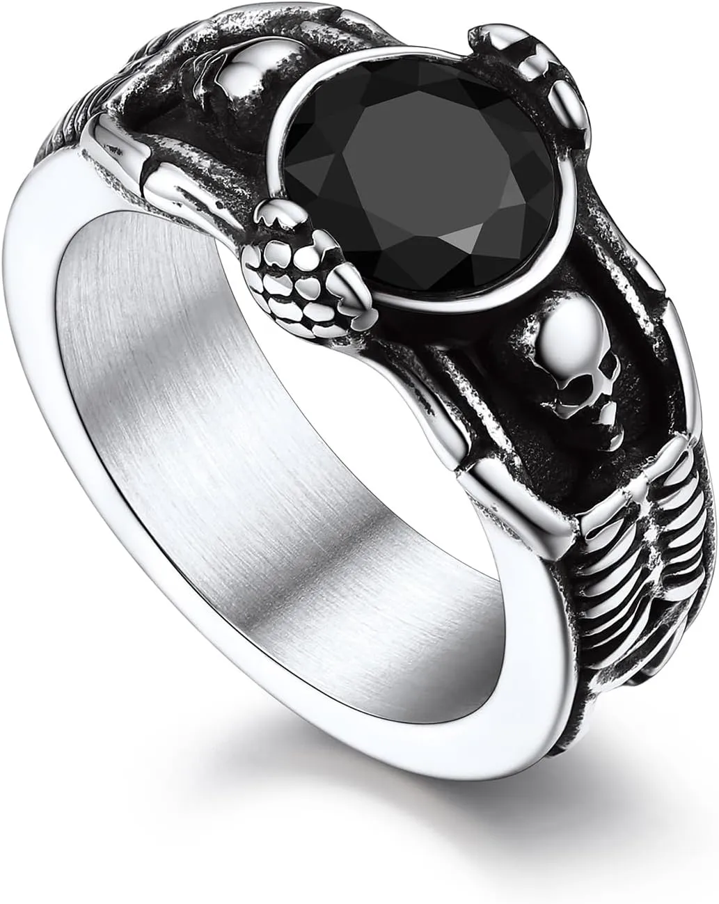Bandmax Mens Luxury Gothic Rings, Stainless Steel Retro Style Crystal Stone Signet Ring Punk Halloween Costume Jewelry Ring for Men Women Gift Packed