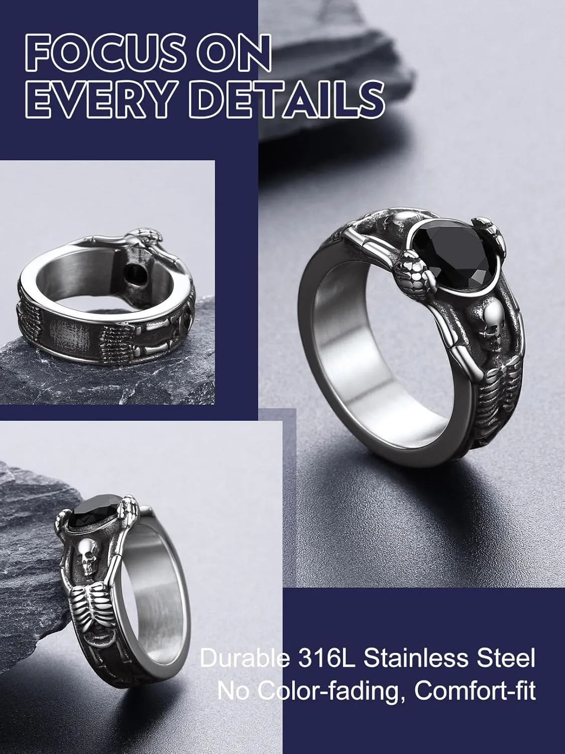 Bandmax Mens Luxury Gothic Rings, Stainless Steel Retro Style Crystal Stone Signet Ring Punk Halloween Costume Jewelry Ring for Men Women Gift Packed