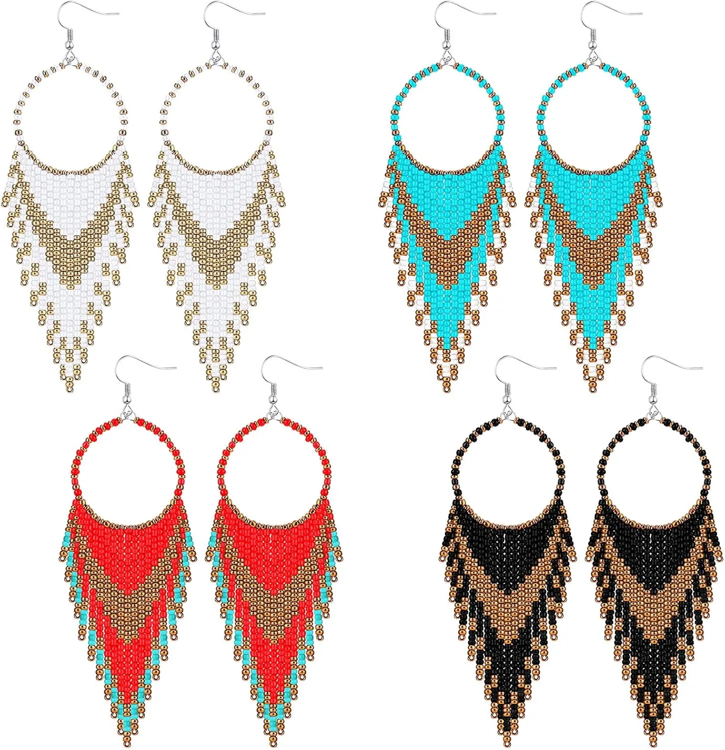 BBTO 4 Pcs Long Beaded Tassel Earrings Bohemia Colorful Native Handmade Statement Fringe Drop Earrings Boho Dangle Tassel Earrings for Women(Elegant Color)
