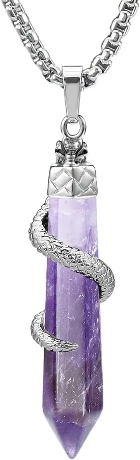 BEADNOVA Healing Crystal Necklace for Women Men Amethyst Snake Tail Wrap Pendant Energy Healing Gemstones Jewelry Pendulum Crystal Divination (Hexagonal, 18 Inches Stainless Steel Chain)