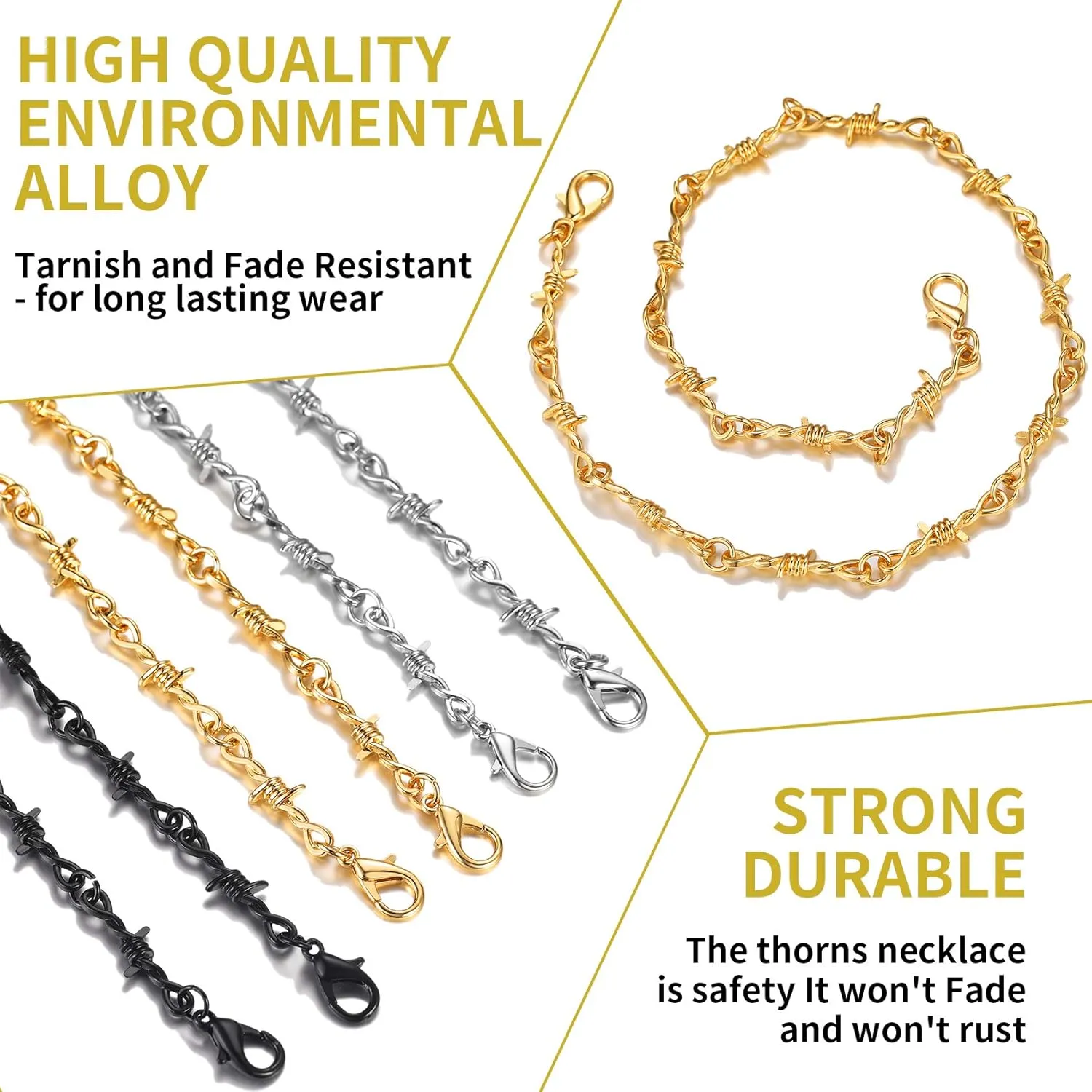 ChainsHouse Barbed Wire Necklace Punk Thorns Chain Necklace for Men Women, 6mm Wide Stainless Steel/Black Metal/18K Gold Plated Hiphop Rock Jewelry, 18-22Inch