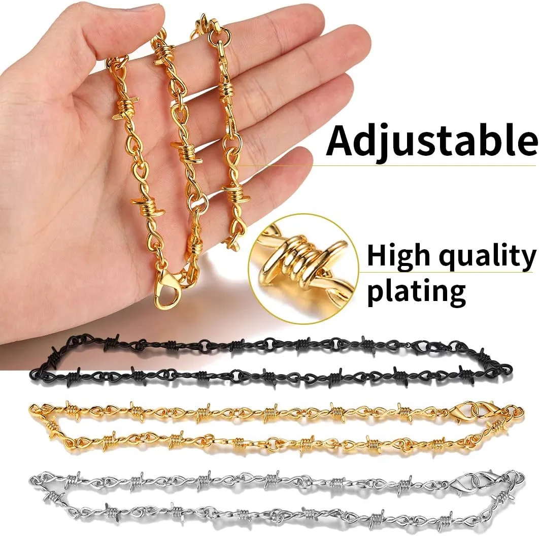 ChainsHouse Barbed Wire Necklace Punk Thorns Chain Necklace for Men Women, 6mm Wide Stainless Steel/Black Metal/18K Gold Plated Hiphop Rock Jewelry, 18-22Inch