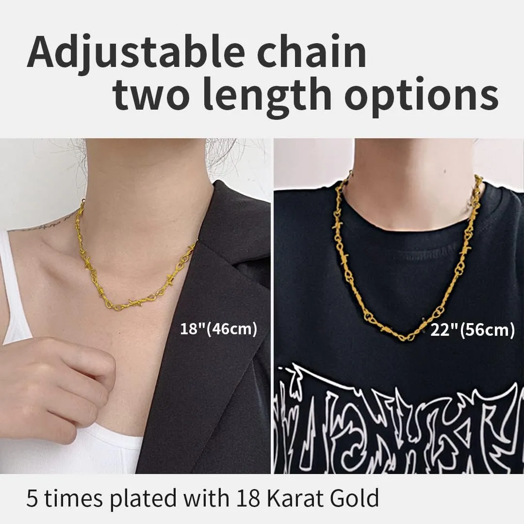 ChainsHouse Barbed Wire Necklace Punk Thorns Chain Necklace for Men Women, 6mm Wide Stainless Steel/Black Metal/18K Gold Plated Hiphop Rock Jewelry, 18-22Inch