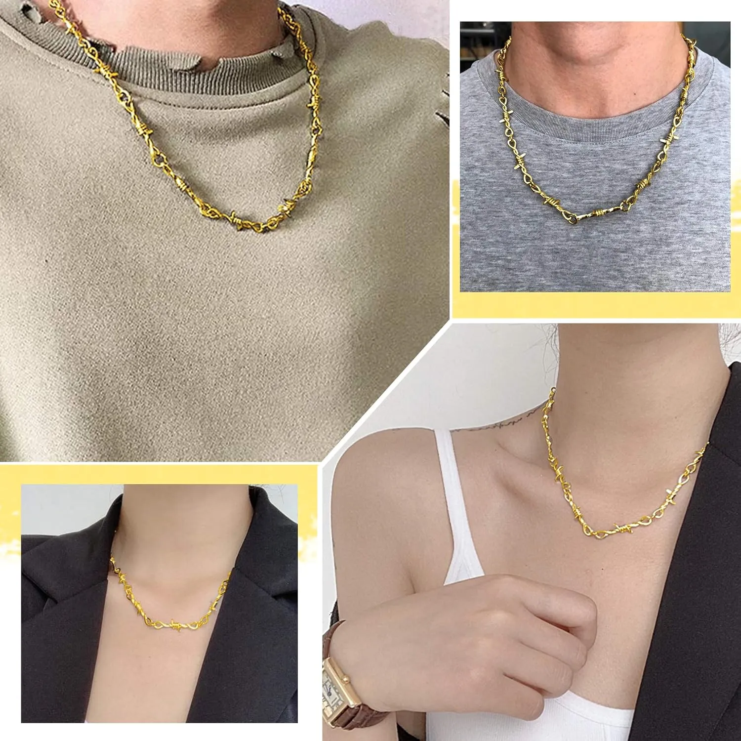 ChainsHouse Barbed Wire Necklace Punk Thorns Chain Necklace for Men Women, 6mm Wide Stainless Steel/Black Metal/18K Gold Plated Hiphop Rock Jewelry, 18-22Inch