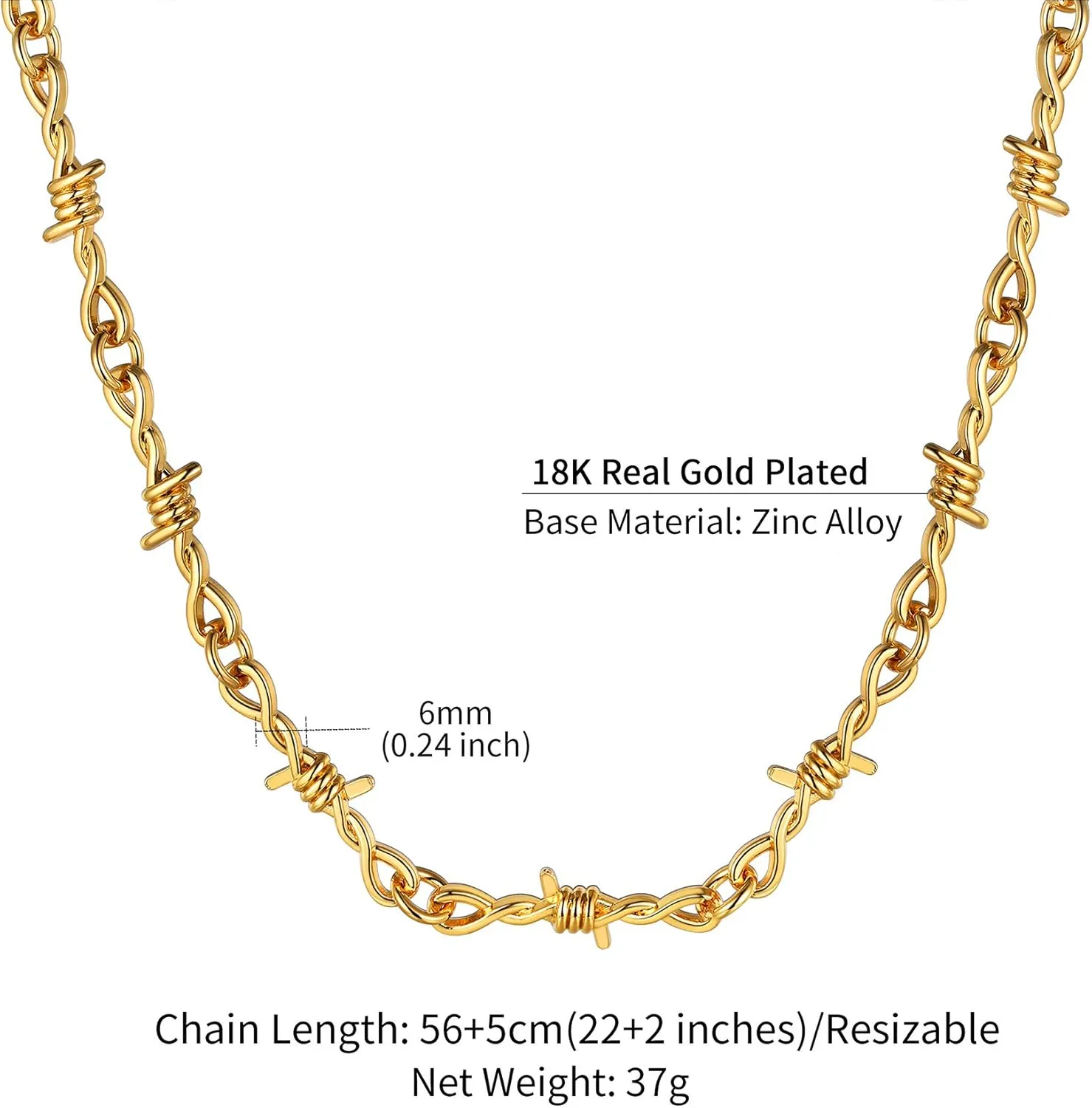 ChainsHouse Barbed Wire Necklace Punk Thorns Chain Necklace for Men Women, 6mm Wide Stainless Steel/Black Metal/18K Gold Plated Hiphop Rock Jewelry, 18-22Inch