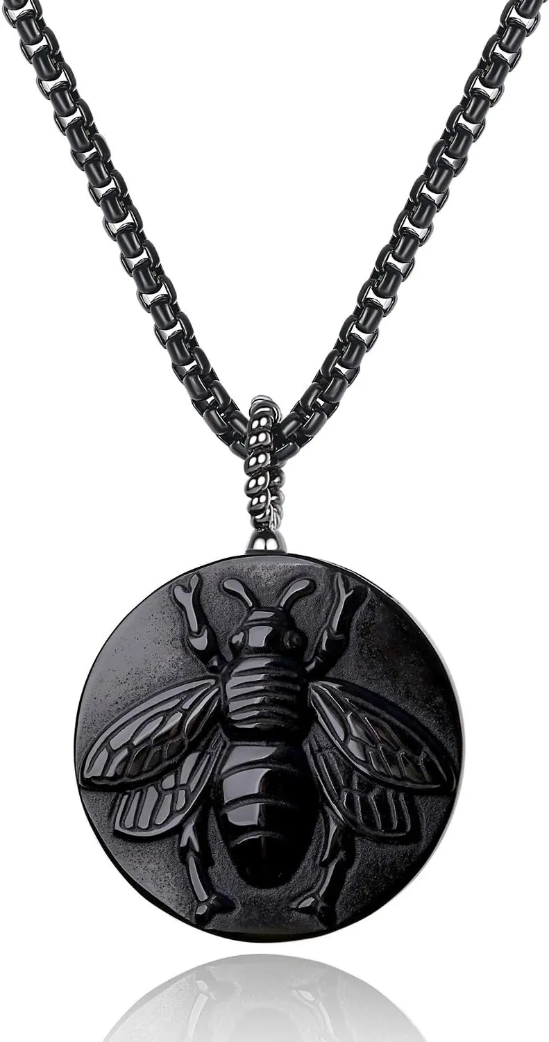 COAI Black Obsidian Necklace for Men Women, Bee Pendant Crystal Necklace