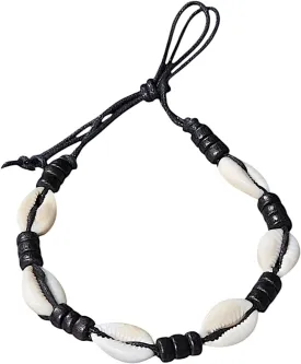 Cowrie Shells Anklet Bracelet on Black Cord with Black Wood Beads