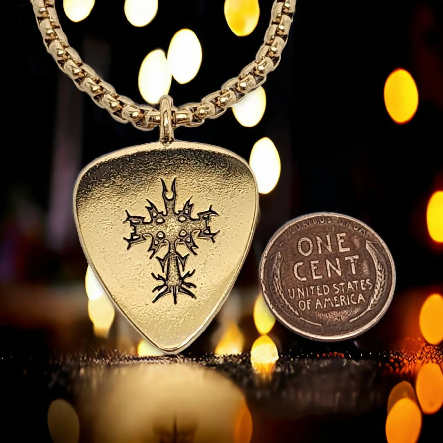 Cross Guitar Pick Gold Metal Finish Pendant Gold Heavy Box Chain Necklace