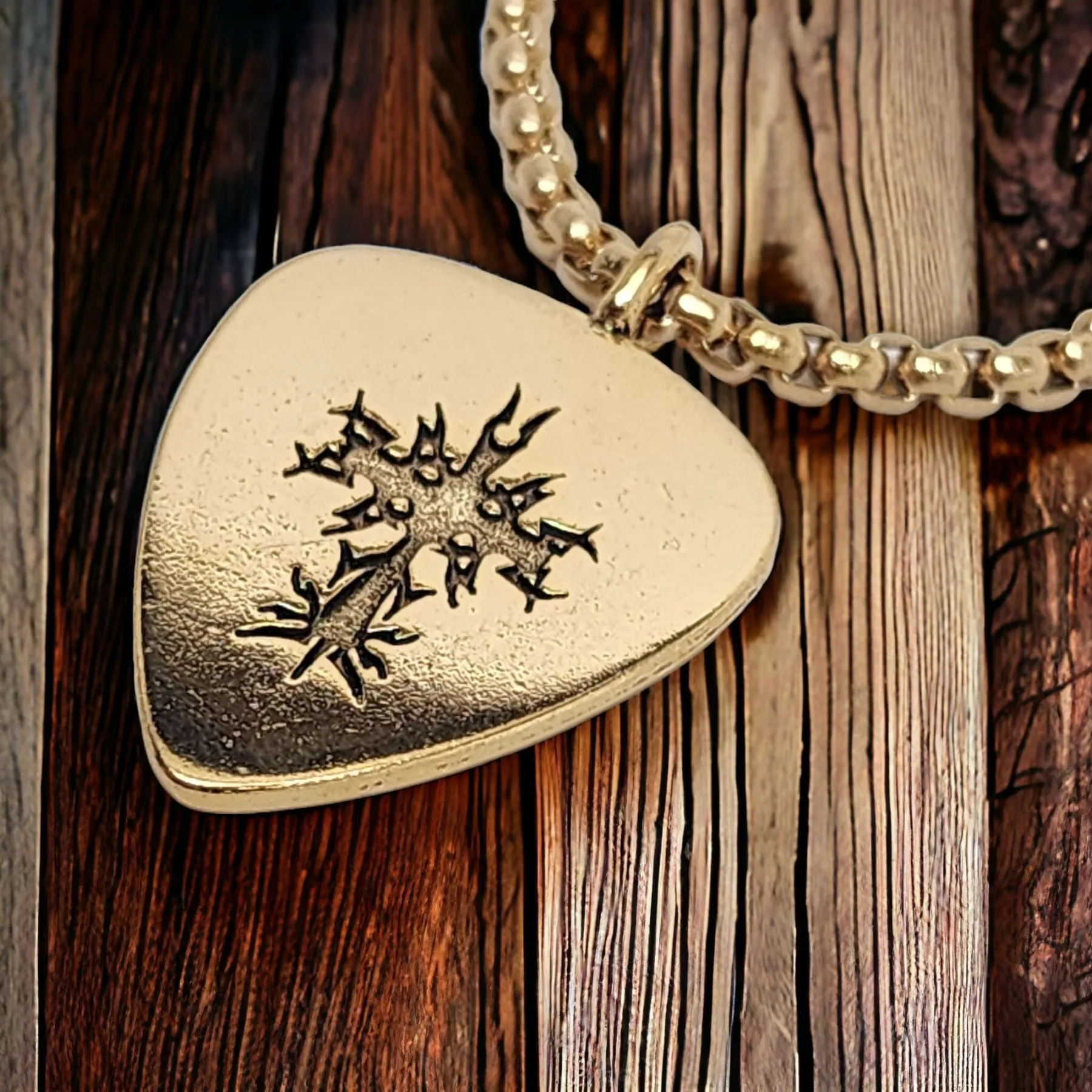 Cross Guitar Pick Gold Metal Finish Pendant Gold Heavy Box Chain Necklace