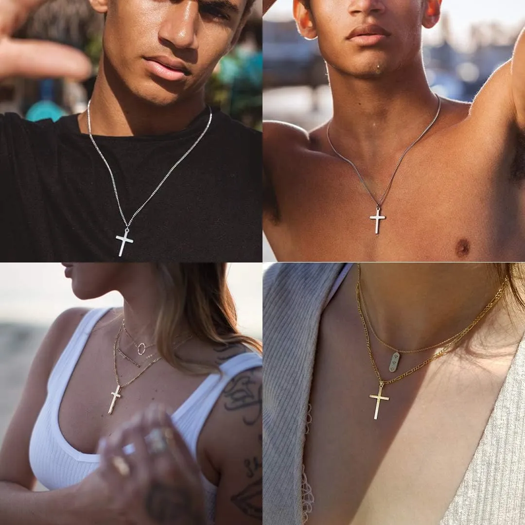 Cross Necklace for Men Stainless Steel Figaro Chain Cross Pendant Necklace Plain Polished Simple Faith Jewelry Gift for Men Women 16-24 Inches