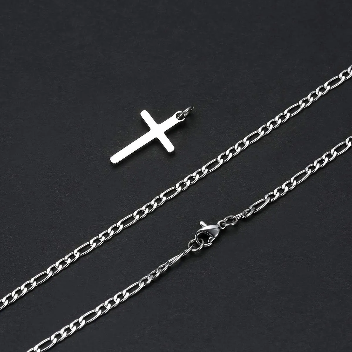 Cross Necklace for Men Stainless Steel Figaro Chain Cross Pendant Necklace Plain Polished Simple Faith Jewelry Gift for Men Women 16-24 Inches