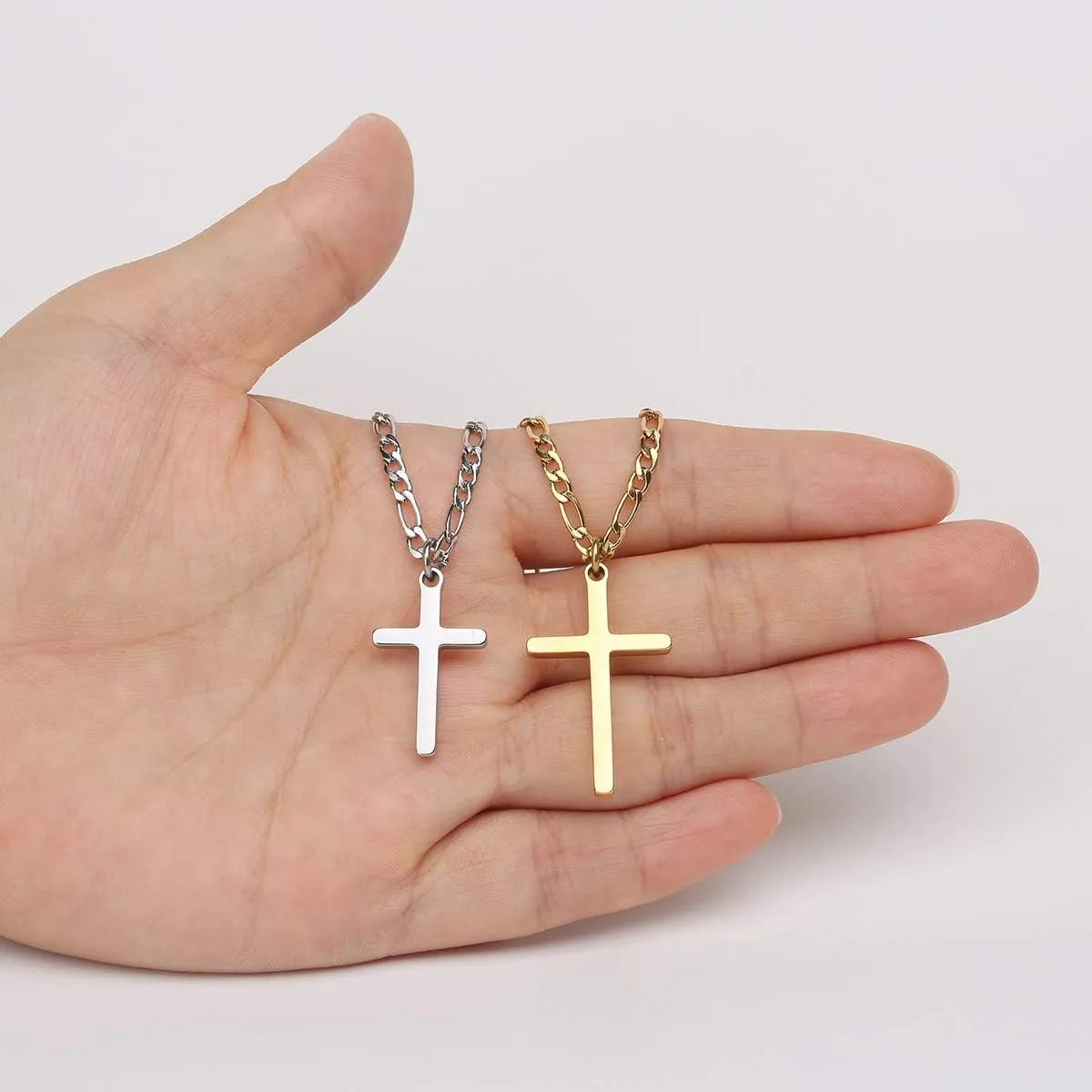 Cross Necklace for Men Stainless Steel Figaro Chain Cross Pendant Necklace Plain Polished Simple Faith Jewelry Gift for Men Women 16-24 Inches