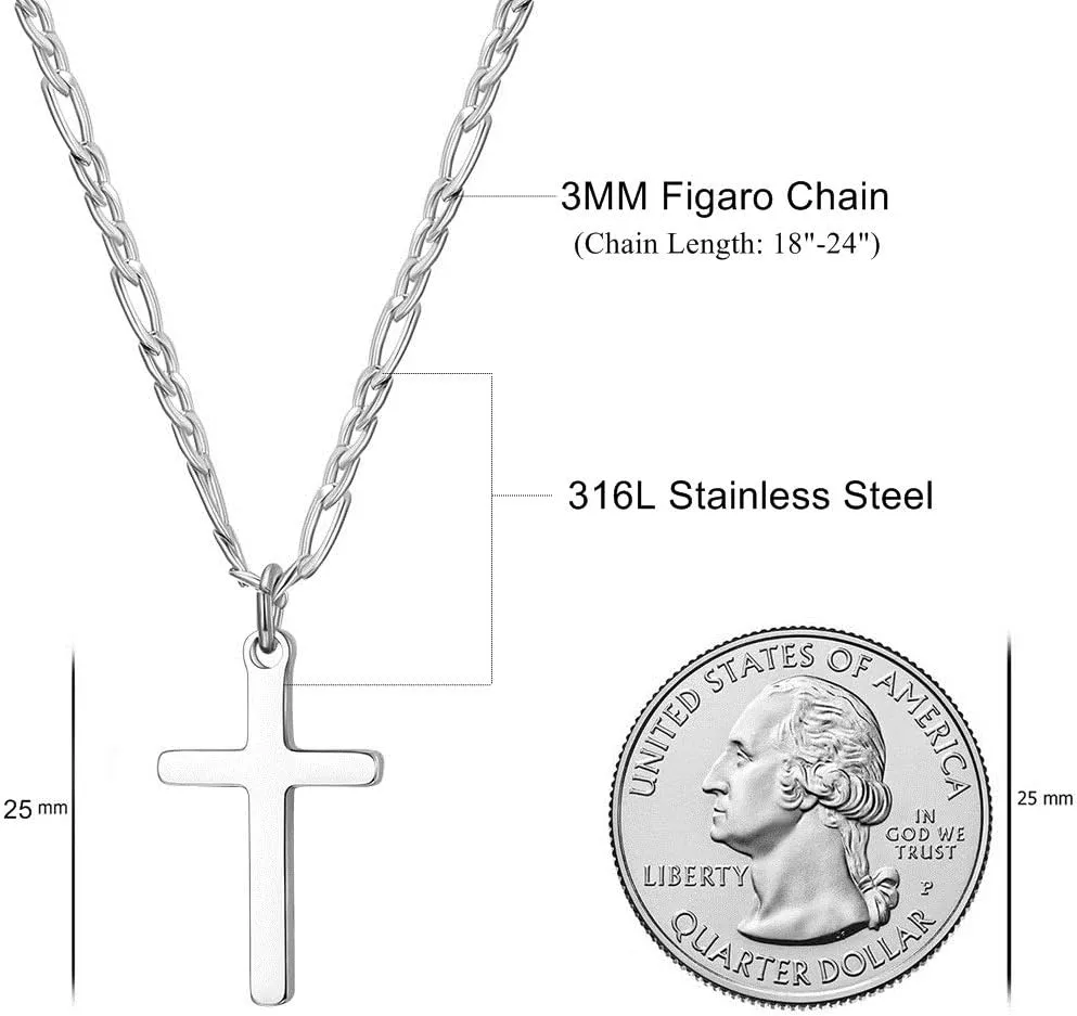 Cross Necklace for Men Stainless Steel Figaro Chain Cross Pendant Necklace Plain Polished Simple Faith Jewelry Gift for Men Women 16-24 Inches