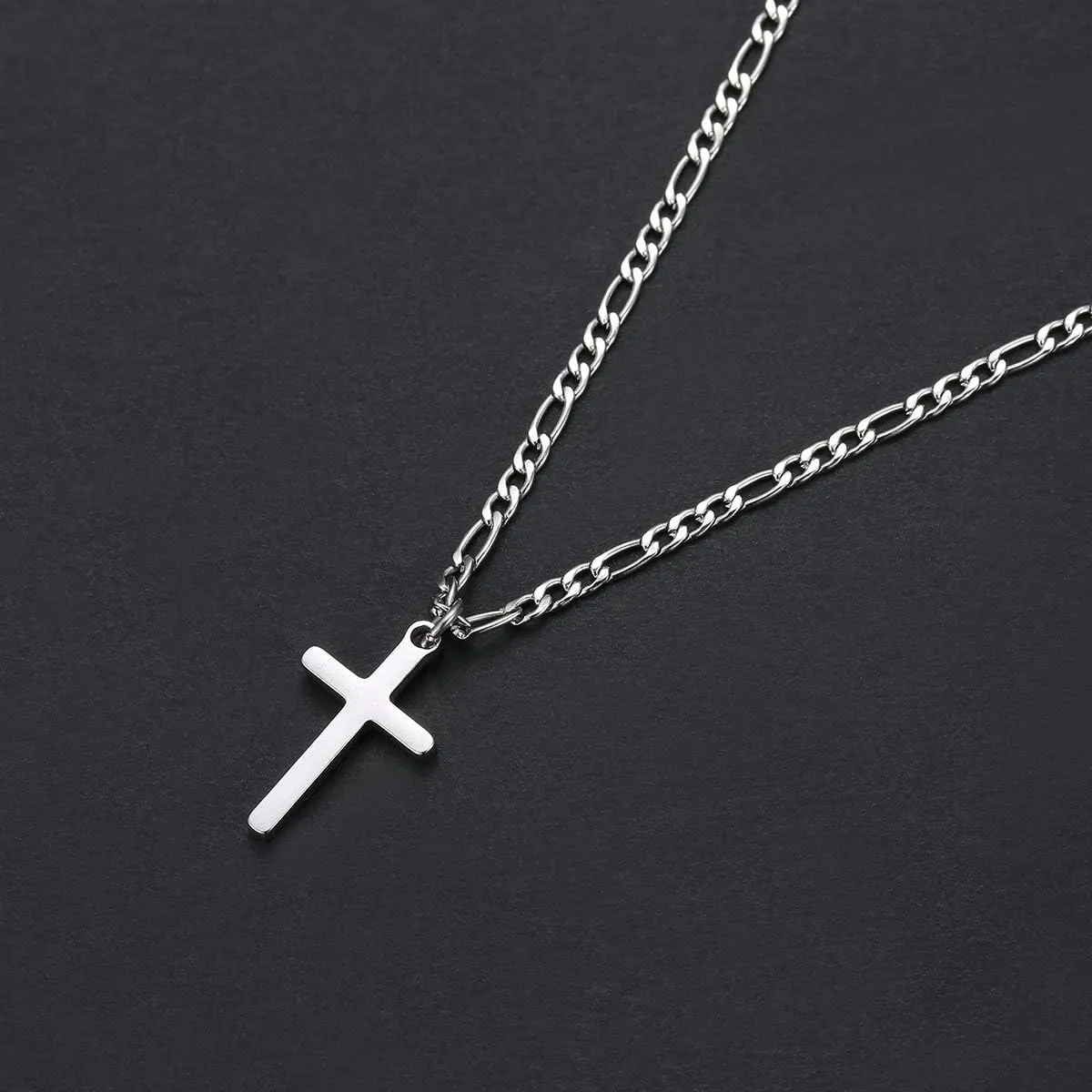 Cross Necklace for Men Stainless Steel Figaro Chain Cross Pendant Necklace Plain Polished Simple Faith Jewelry Gift for Men Women 16-24 Inches