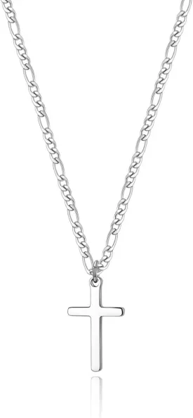 Cross Necklace for Men Stainless Steel Figaro Chain Cross Pendant Necklace Plain Polished Simple Faith Jewelry Gift for Men Women 16-24 Inches